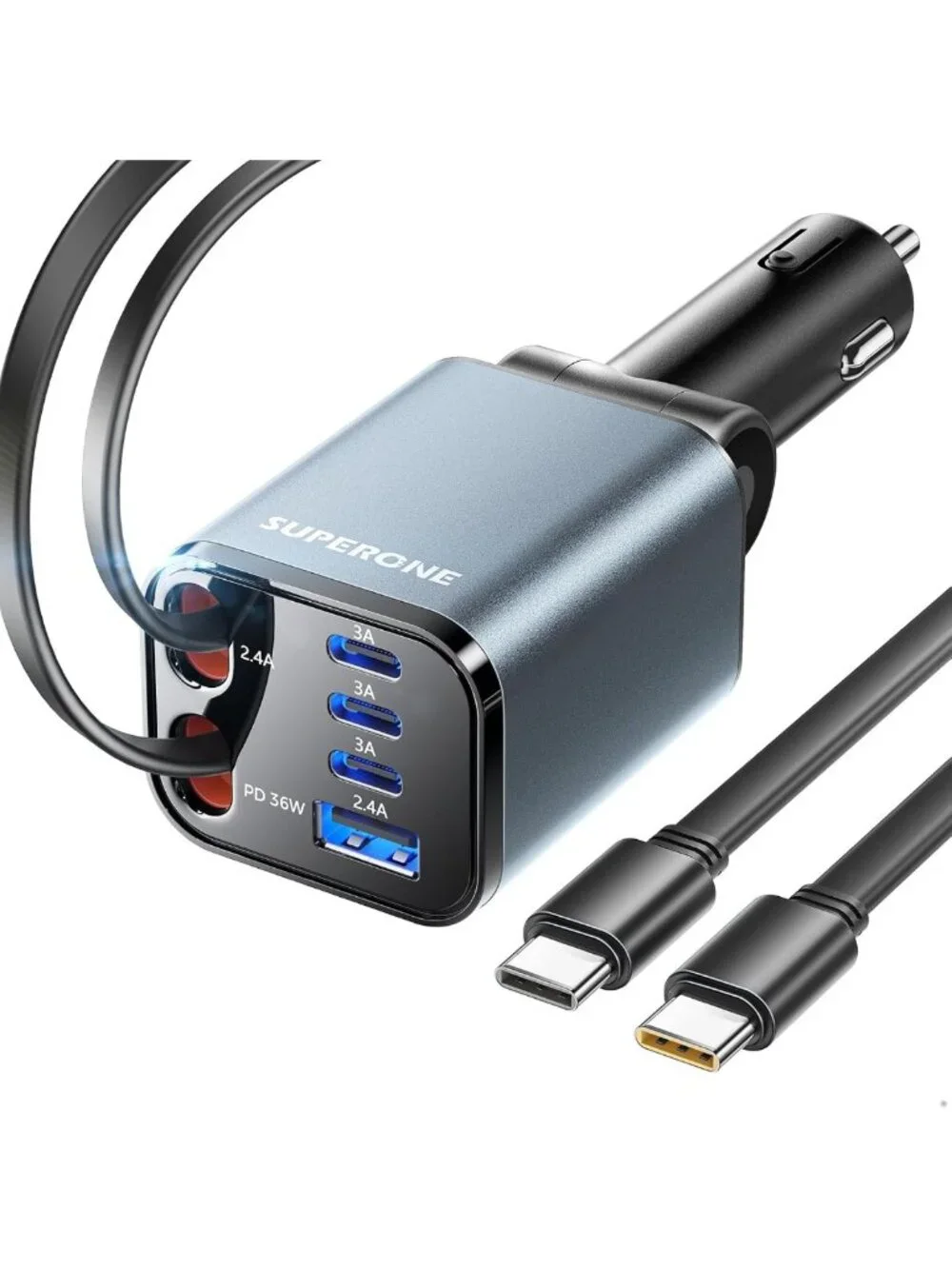 6-in-1 Retractable Car Charger with Dual Type C Cables & Fast Charging